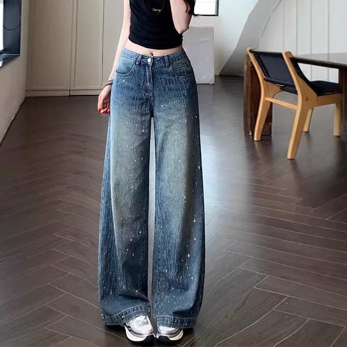 【Han Niu】Low-Waist Loose-Fitting Slimming Wide-Leg Pants for Petite Women, American-Style Star-Patterned Rhinestone Straight-Leg Jeans for Women 【Han Niu】Low-Waist Loose-Fitting Slimming Wide-Leg Pants for Petite Women, American-Style Star-Patterned Rhinestone Straight-Leg Jeans for Women