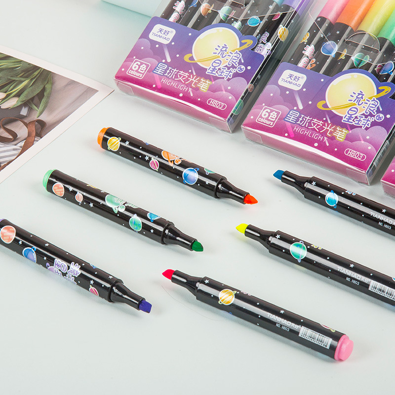 H803-6 colores 6 planeta highlighter niños DIY graffiti pluma estudiante pluma gran capacidad de dibujos animados rotulador pluma