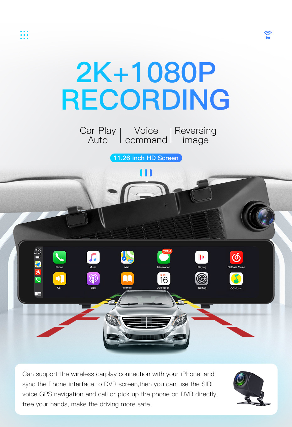 9.66inch 10.3inch 12inch Wireless Carplay Screen Mirroring 4K1080P Rearview Mirror Dual-Channel Dash Cam