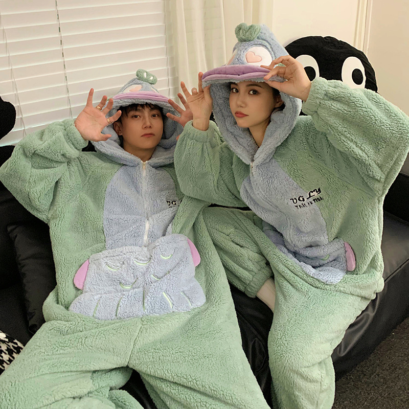 Invierno pareja pijamas de dibujos animados de las mujeres con capucha más el tamaño cálido estudiante ins estilo de una sola pieza desgaste del hogar 200kg usable