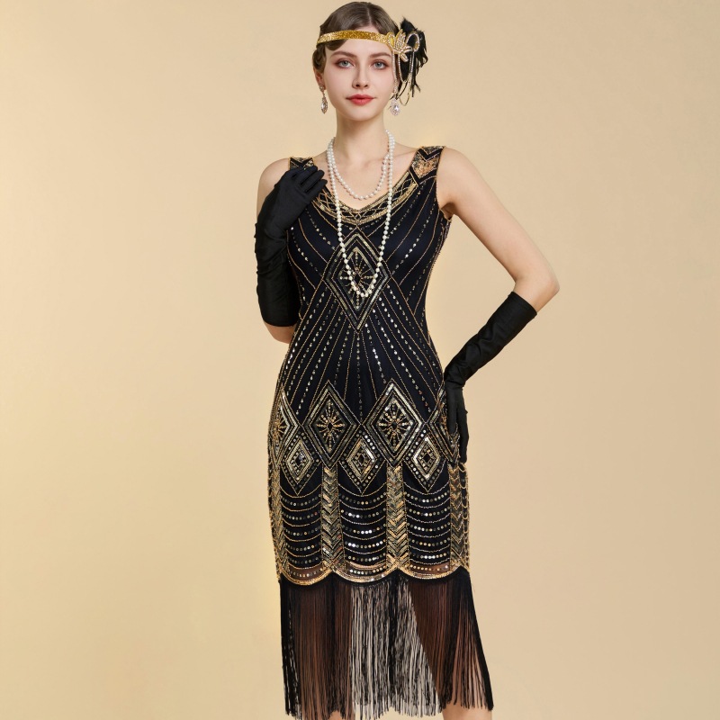 1920S Retro Gatsby Sequin Dress European and American Style Ball Gown Plus Size Tassel Tank Dress Amazon Cross-Border