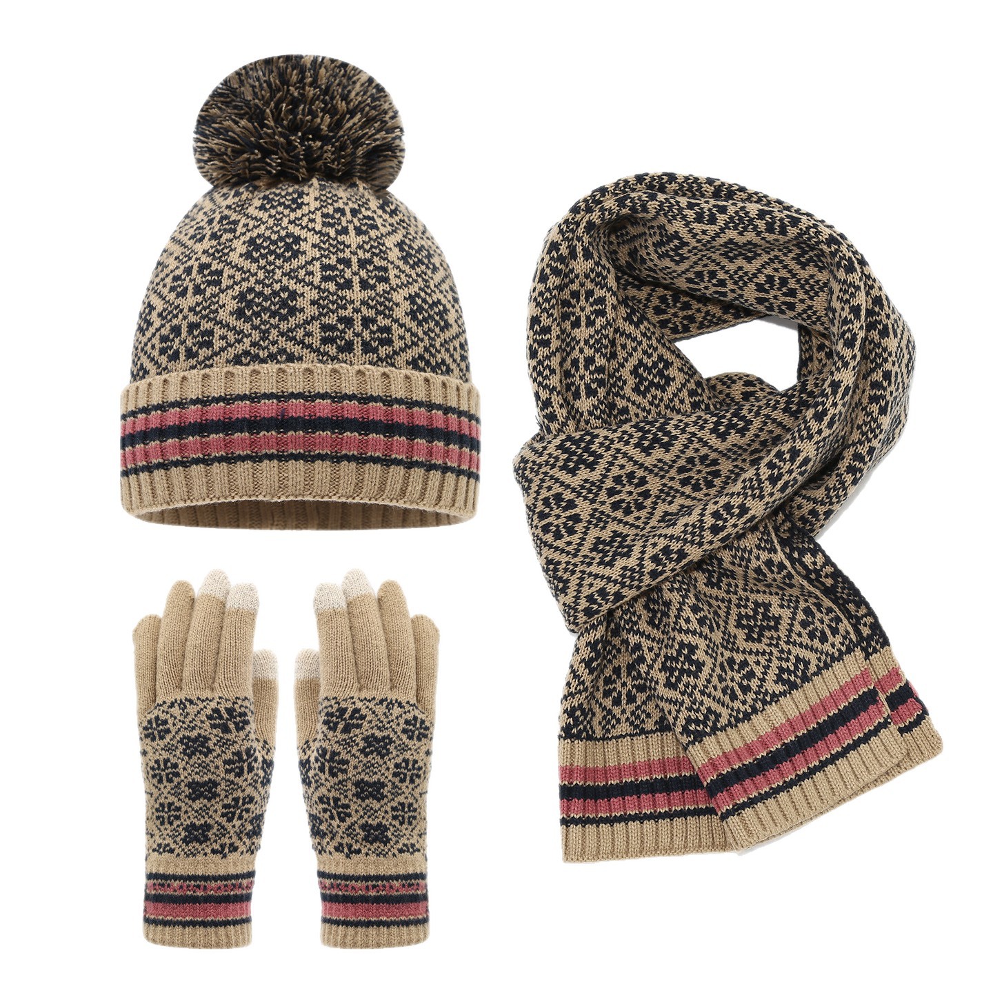 Europa y los Estados Unidos nuevo Jacquard gorro de punto guantes bufandas set de mujeres otoño y invierno al aire libre frío sombrero de tres piezas set hombre