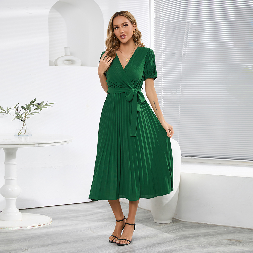 Elegant Solid Color V Neck Short Sleeve Pleated Polyester Midi Dress Pleated Skirt