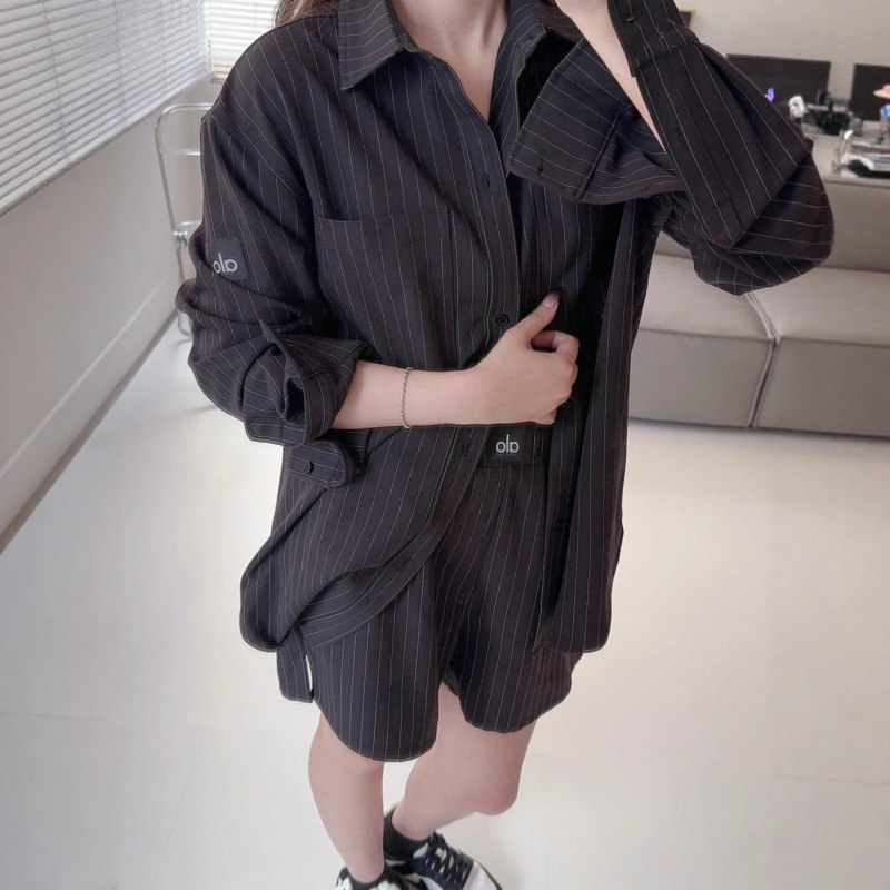 alo新款休闲条纹长袖衬衫短裤套装女百搭宽松显瘦简约优雅慵懒风|undefined