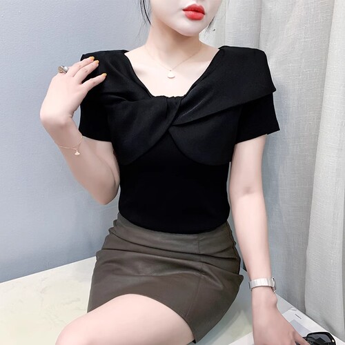 【40 Pieces Cozy Cotton Ribbed 1x1 T-shirt for Women Short Sleeve 2025 Summer Design-Filled Tie-Up Top Trendy】
