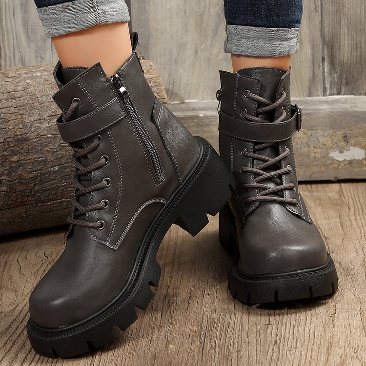 New autumn winter British style motorcycle boots thick soled belt buckle vintage ankle boots plus size_voghion.com