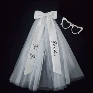 新款新娘Bride烫字头纱婚礼派对新娘伴娘头纱眼镜派对蝴蝶结套装