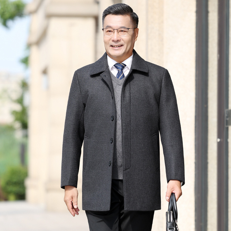남성 봄과 겨울 캐주얼 모직 코트 중간 길이의 느슨한 방풍 코트 중년 심플 탑 코트