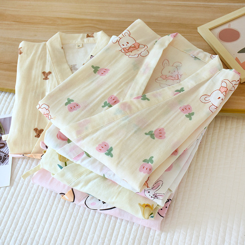 Summer robe for women, pure cotton gauze nightgown, Japanese style kimono-like sleep dress, home wear, thin, breathable, bath robe, steam room wear