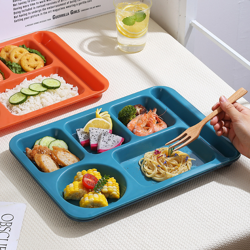 Plastic Pp Rectangular Six-Compartment Lunch Plate, Student Cafeteria Compartmented Plate, Lunch Plate, Buffet Divider Plate