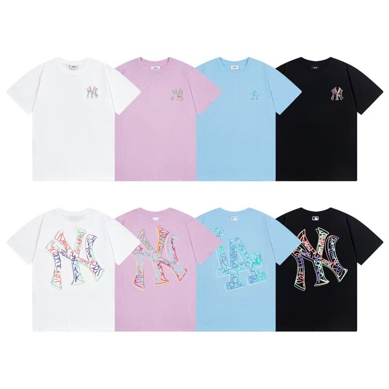 25 Trendy Brand K-Style Mlb Short-Sleeved Back Large Logo Ribbon Printed Loose Sports Men's and Women's Round Neck T-Shirt