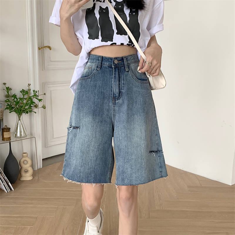 Ripped Denim Shorts for Women, Summer High-Waisted Straight Wide-Leg Mid-Pants, Large Size, Loose and Slim Design, Five-Point Pants