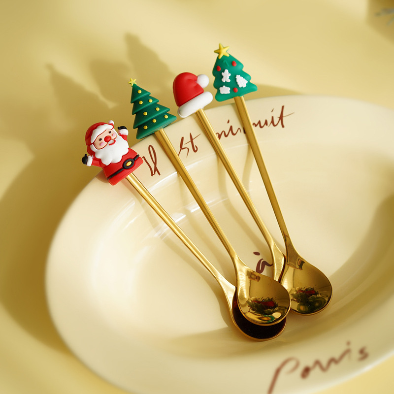 Cross-Border Christmas Spoon and Fork Set Export Cartoon Snowman Golden Spoon Christmas Dessert Spoon and Fork Gift Box Tableware