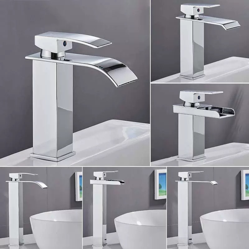 Grifo de Caño Ancho Tipo Cascada de Acero Inoxidable Mezclador de Agua Fría y Caliente para Lavabo