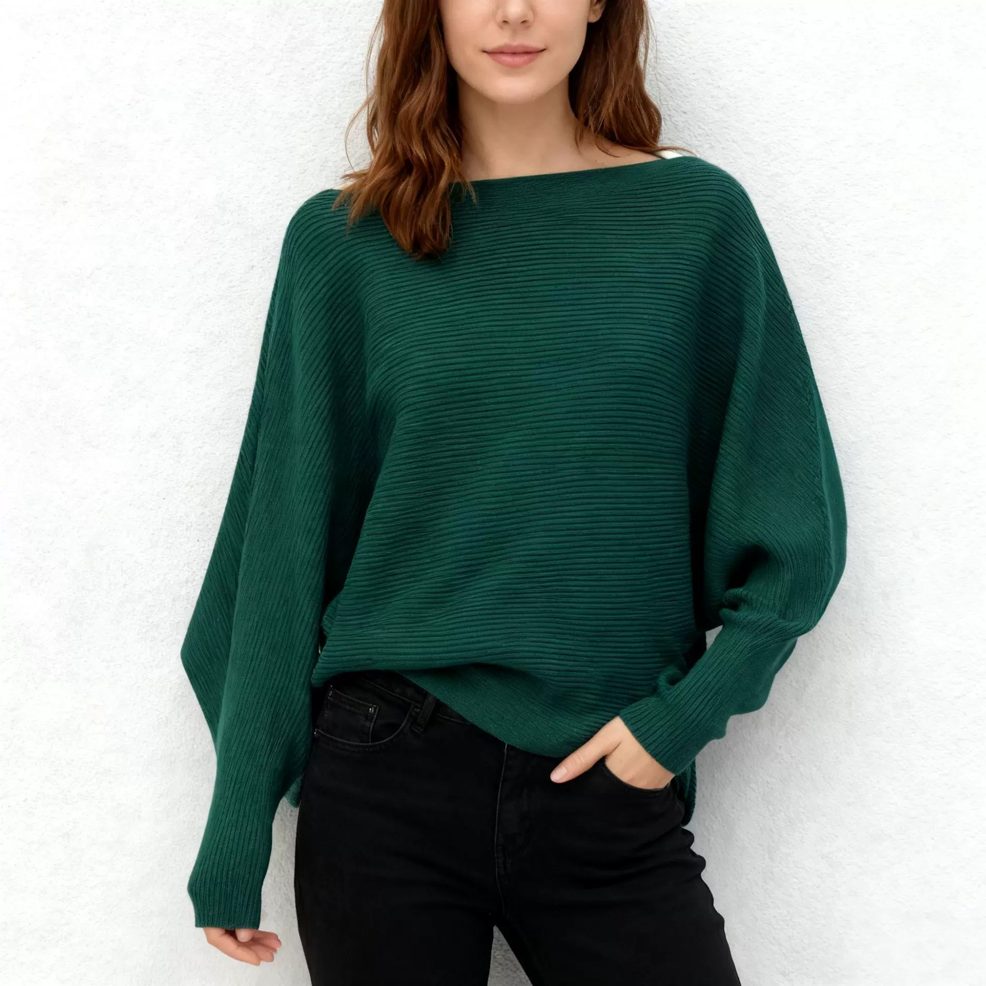 国际站现货欧美外贸一字领蝙蝠袖宽松针织毛衣女亚马逊速卖通