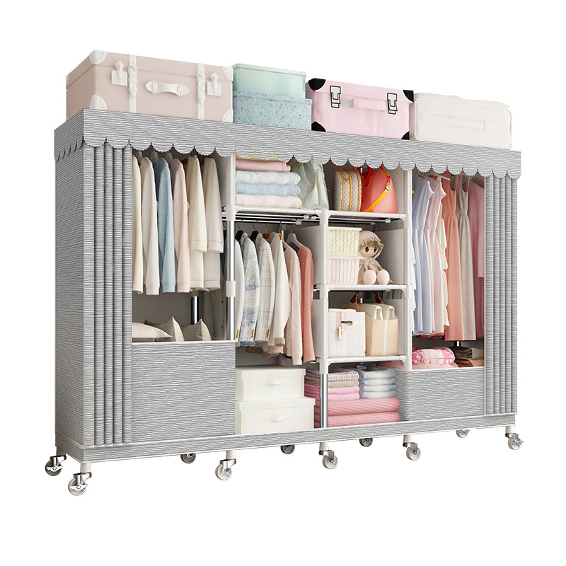 Cremallera completamente cerrado armario de tela simple tubo de acero reforzado en negrita espesado marco de acero completo gabinete de tela de almacenamiento en casa con ruedas