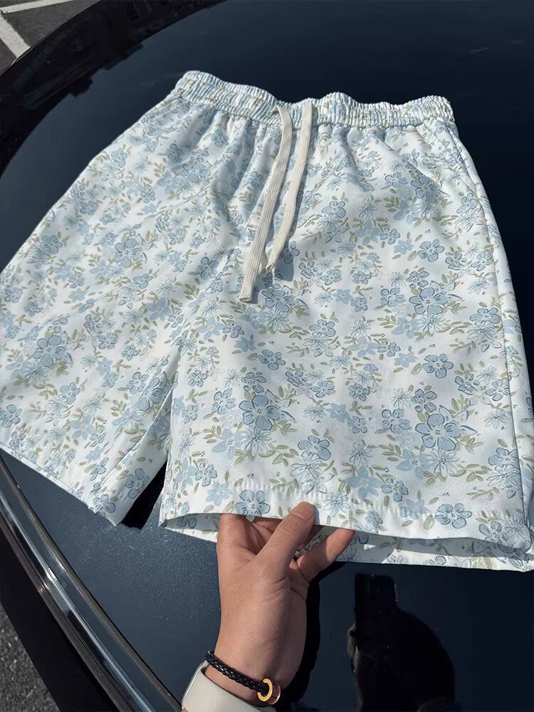 Floral Print Men's Shorts, Loose Fit 5-Inch Casual High Street Beach Shorts With Vintage Pattern, Breathable Summer Short Pants For Vacation_viptrois.com