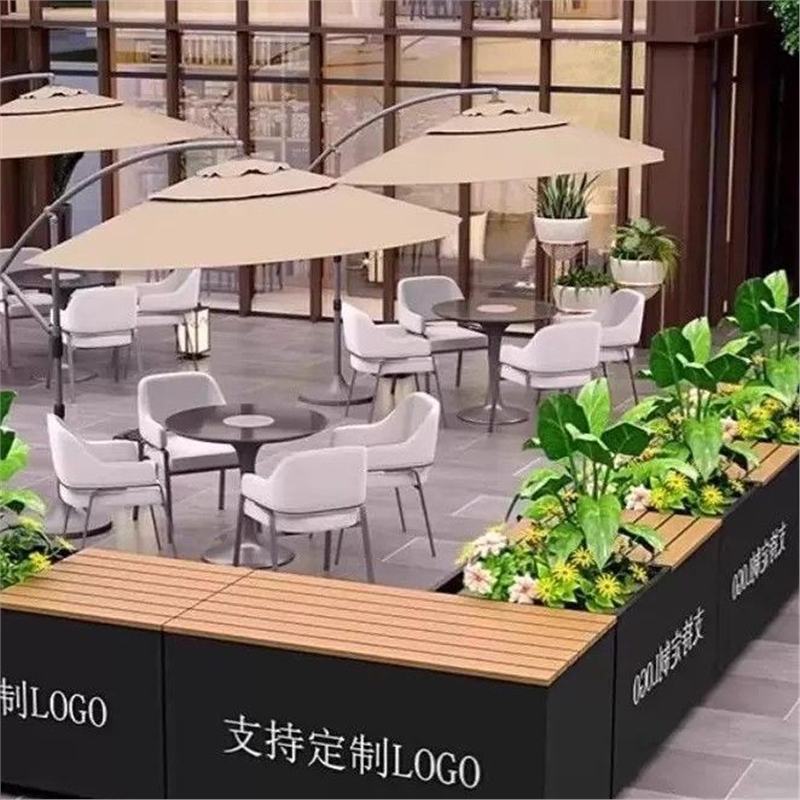 Metal flower box, bench, and seating combination for outdoor use, suitable for gardens, patios, and courtyards; durable flower planter