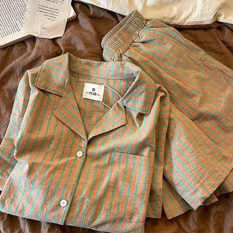 2026 Summer Cloud Cotton Pajamas Women's Short Sleeve Shorts Brown Green Striped Lapel Simple Casual Home Wear Set