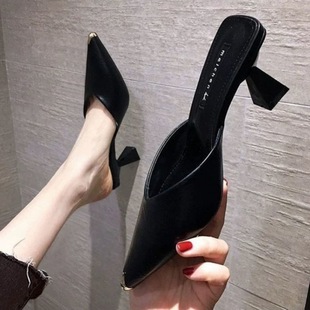 Fitting Shoes, Half-Slip High Heels, Temperament Internet Celebrity Sandals, Women's New Season Pointed Toe Versatile Thick Heel Toe Single Delivery