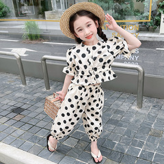 女童夏裝套裝24新款韓版兒童泡泡袖波點襯衫寬鬆闊腿褲可愛兩件套