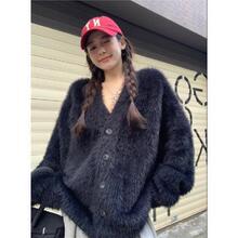 水貂绒开衫中长款慵懒开衫秋冬韩版宽松毛绒绒毛衣针织外套上衣