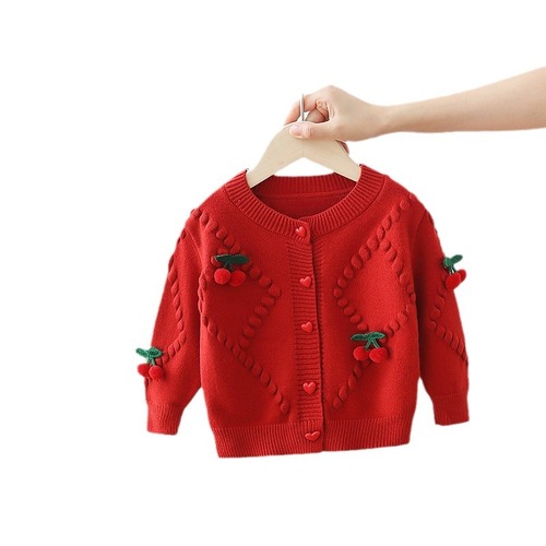 Baby Knit Cardigan Autumn Wear 2024 New Trendy Korean Version Baby Acrylic Sweater Outerwear Cherry Cardigan for Girls