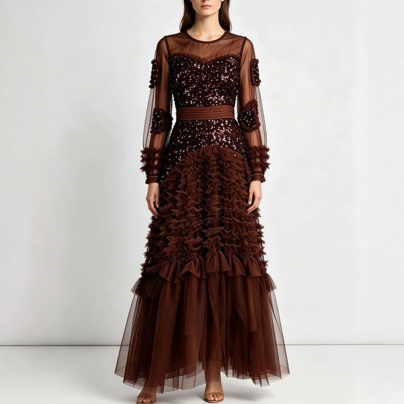 Australian Trendy Brand Heavy-Duty Mesh Elegant Light Luxury Ruffled Cake Dress Long Dress for Women Summer New Sequin Dress