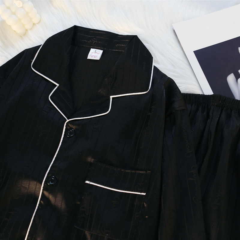 Pareja de pijamas de primavera y otoño de seda de hielo de manga larga de las mujeres a rayas de alto sentido de los nuevos hombres de seda real desgaste del hogar traje de verano