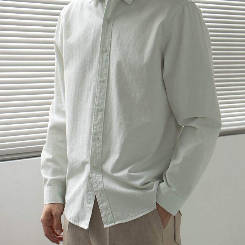 Cross-Border Simple Casual Shirt for Men, Basic Long-Sleeve Washed Cotton Japanese-Style Shirt, Solid Color Shirt
