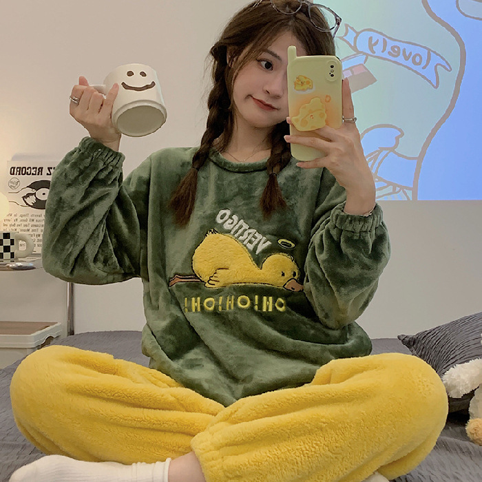 Lindo dinosaurio pijamas de las mujeres de dibujos animados de coral polar de franela forrada de lana engrosada ropa de hogar celebridad en línea entrega en vivo al por mayor