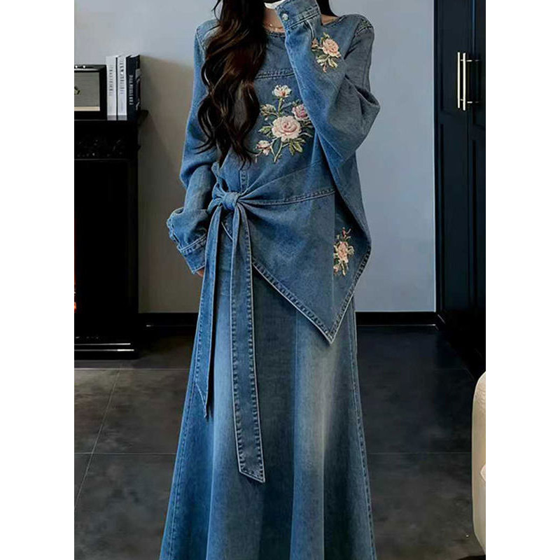初春季牛仔风刺绣上衣半身裙两件套女高级感穿搭套装牛仔套装宽松