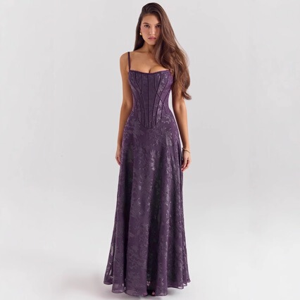 New Style Spaghetti Strap European and American Style Sheer Formal Dress for Women with Floral Lace Appliqué Long Ball Gown
