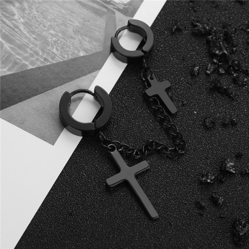Men's Black Silver Stainless Steel Chain Pendant Cross Earrings C-Shaped Clip On Jewelry_voghion.com