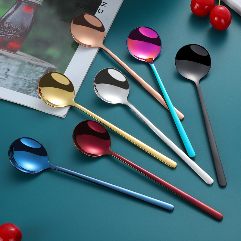 Cuchara de café de agitación creativa de acero inoxidable 304 transfronterizo titanio oro mango largo Cuchara de polvo de hielo de miel postre cuchara redonda pequeña