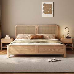 藤編實木床現代簡約單人床1.5米日式原木風小戶型臥室1.8米雙人床