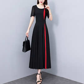 2025夏季新款黑色雪纺连衣裙大码优雅时尚高级感收腰显瘦遮肚长裙