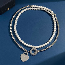 不锈钢字母爱心形OT扣项链设计感双层珍珠圆珠钢珠单钻桃心锁骨链