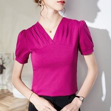 短袖t恤女夏2025新款气质V领褶皱棉体恤纯色修身小香风别致小衫女