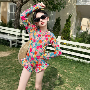 Children's Swimming Training Clothes, Girls' Floral Sweet Seaside Sun Protection Swimsuits, Big Kidsren's Fashionable One-Piece Conservative Swimsuits