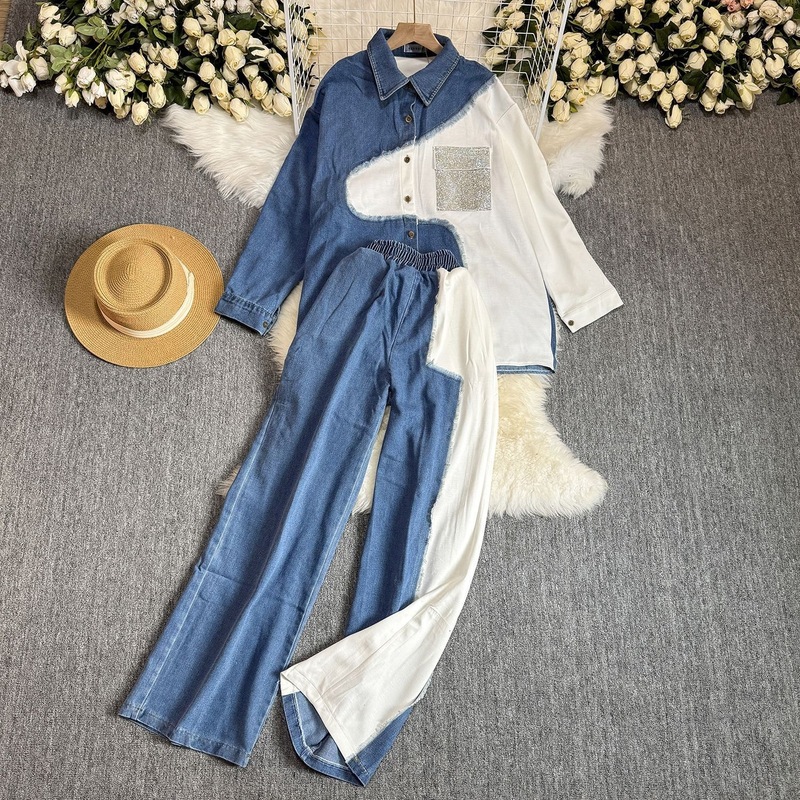 Hong Kong Style Retro Casual suit Women's Korean-style Contrast Color Stitching Denim Shirt High Waist Loose Wide-leg Pants Two-piece Set