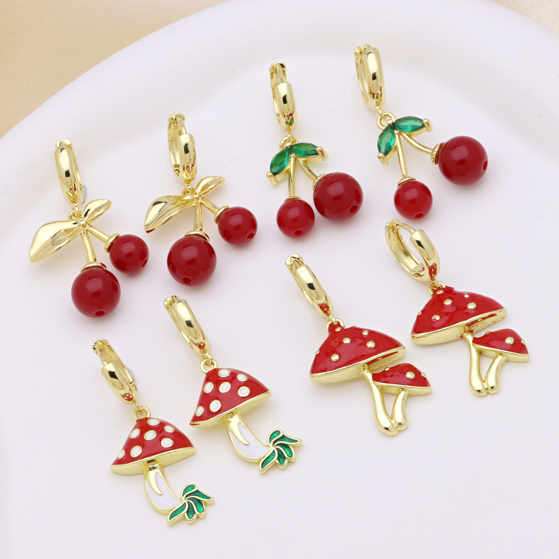 7g Weight Copper Ear Needle Material 18K Gold Plated Plating Material Charm Sleeper Hoop Earrings, Drop Earrings Classification 1 Pair Quantity Casual, Daily Occasion Copper Material Cherry, Mushroom Pattern Women's Gender Enamel, Plating Design Sweet Style 1 Pair Sweet Cherry Mushroom Enamel Plating Copper 18K Gold Plated Drop Earrings 1