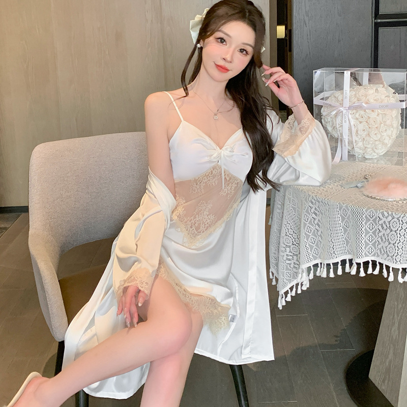 2025 New High Sexy Pajamas Women's Spring and Autumn Ice Silk Sling Nightgown Nightgown with Chest Pad Home Clothes suit