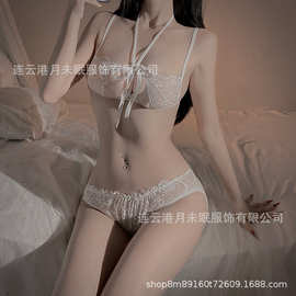 镂空纯欲性感蕾丝挂脖绑带聚拢三点式内衣女夏季文胸情趣套装