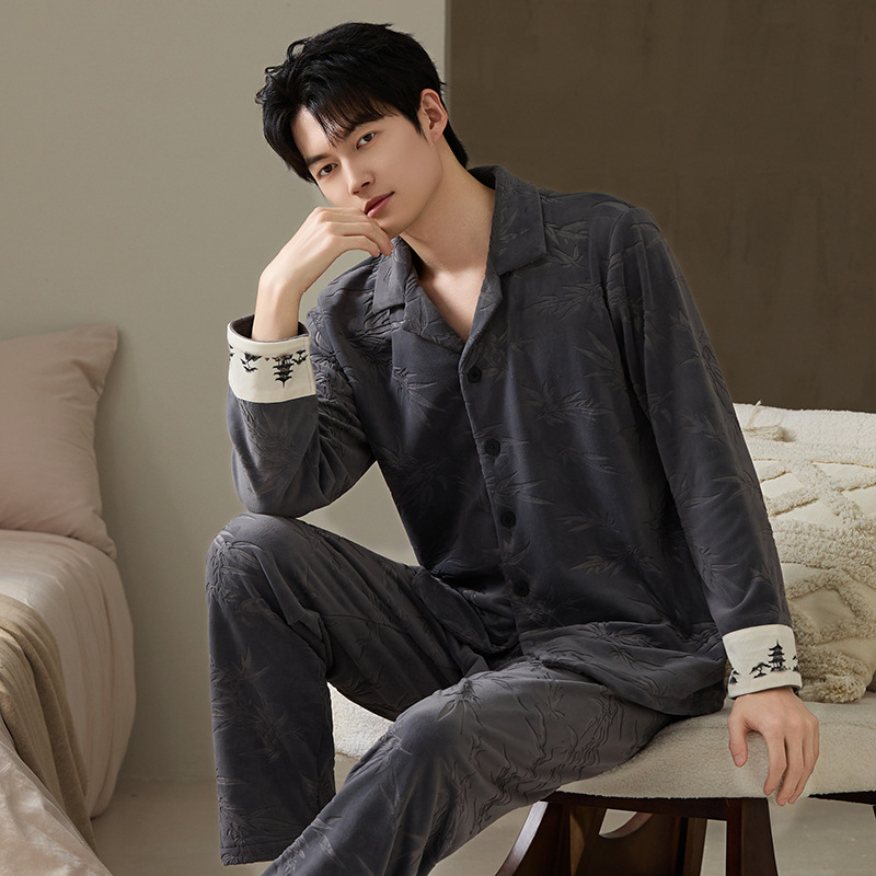 Pajamas for Men in Autumn and Winter Thickeneded Fleece-Lined Long-Sleeved Warm Coral Velvet Island Velvet Home Clothes High-End Large Size Suit