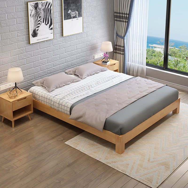Solid Wood Bed Without Bedside, Nordic Double Bed, Rubber Wood Slatted Frame Platform Bed, Bedroom Tatami Floor Bed Frame