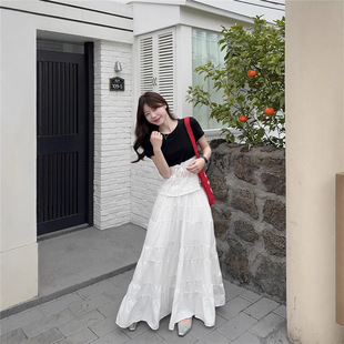 大碼蕾絲拼接修身蝴蝶結T恤+高腰傘裙遮胯顯瘦褶皺長半裙套裝女夏