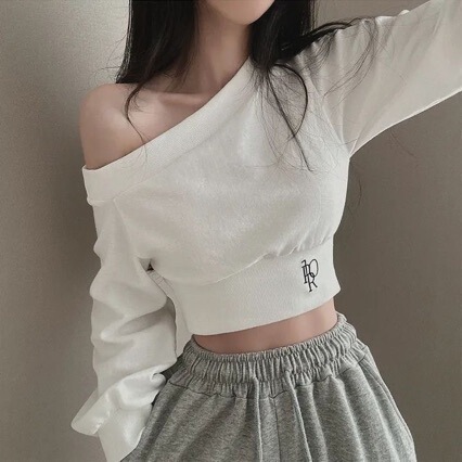 Korean Style Niche Personality Irregular Asymmetrical Neckline Off-Shoulder Waist-Cinching Slim-Fit Versatile Short Long-Sleeve Sweatshirt for Women, Off-Shoulder Spicy Girl Style