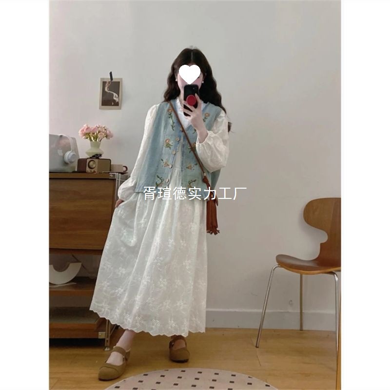 French White Lace Dress Suit for Women 2025 Spring New Super Hot Denim Vest Long Skirt Two-Piece Set