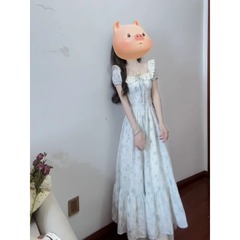 法式领口蕾丝边连衣裙女夏日绝美甜美公主裙收腰温柔风度假长裙子